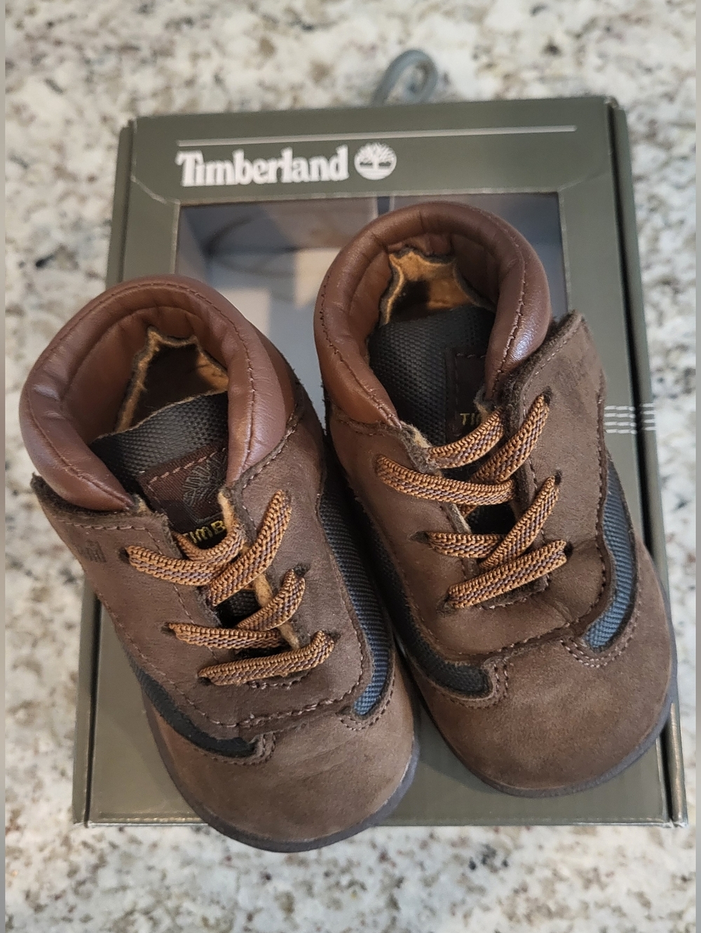 Timberland Infant Brown Suede Hiking Boots. Size 2.  Hook And Loop, Easy On EUC.